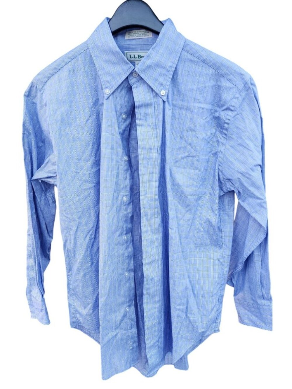 L.L. Bean Mens Button-Down Shirt Blue Plaid Size 15.5 32 Made In Hong Kong